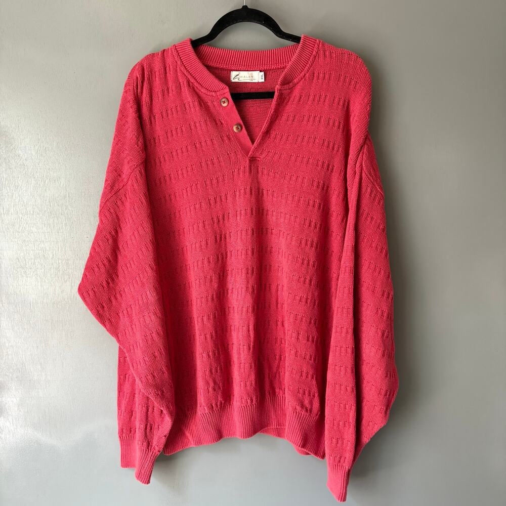 HALEY Women's Plus XXL Salmon Pink Cotton Knit Henley Pullover Sweater Retro